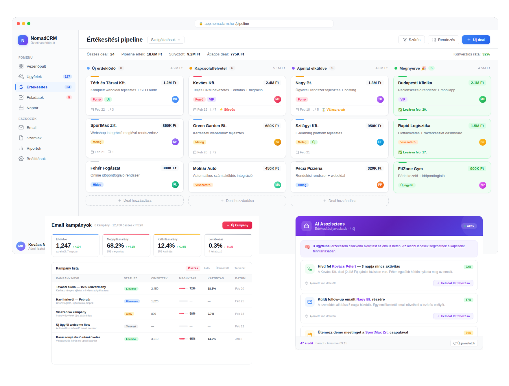 NomadCRM dashboard mockup - magyar CRM rendszer ügyfélkezeléshez és értékesítéshez